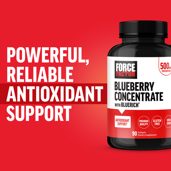 Force Factor Blueberry Concentrate with BlueRich bottle with text powerful reliable antioxidant support