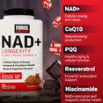 Force Factor NAD+ bottle beside chocolate squares with ingredient highlights: NAD+, CoQ10, PQQ, Resveratrol, and Niacinamide.
