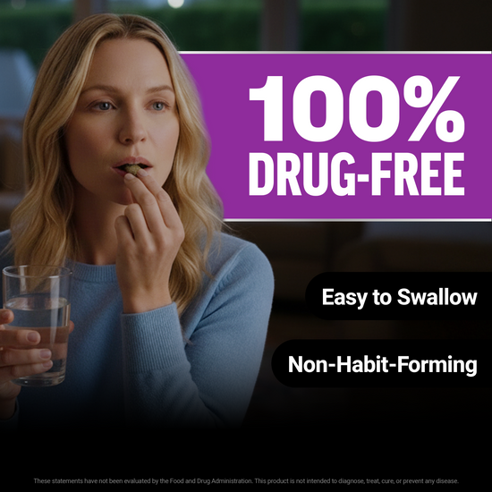 Woman taking Somnapure tablet with water beside bold 100% drug-free, easy to swallow, non-habit-forming claims.