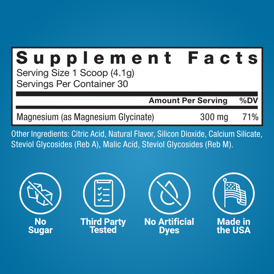 Supplement facts for magnesium glycinate powder with 300mg per serving, sugar-free, and made in the USA.