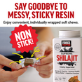 Person unwrapping non-sticky Shilajit chew, emphasizes clean and convenient use