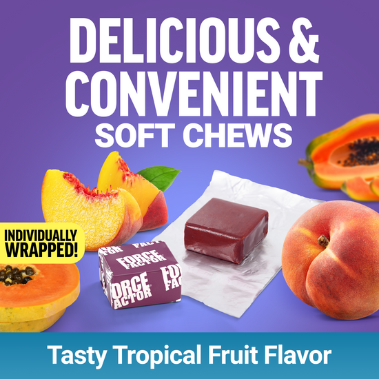 Tropical fruit chews shown with peaches and papaya, labeled individually wrapped