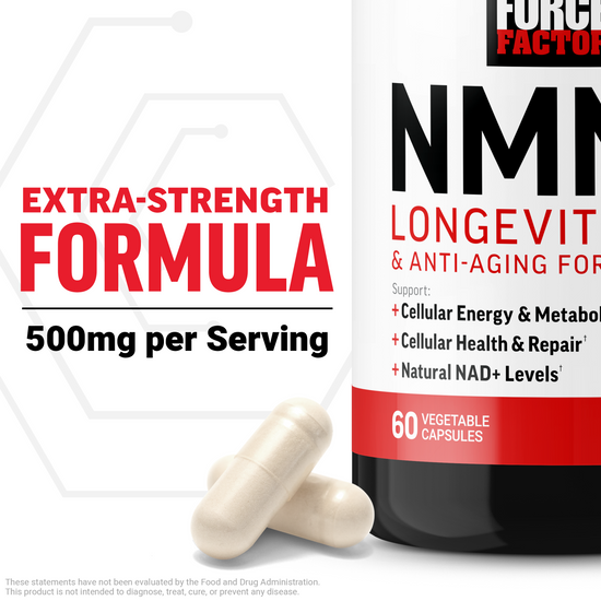 Force Factor NMN Longevity supplement bottle with capsules highlighting extra-strength 500mg per serving formula