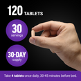 Hand holding tablet showing 120 tablets, 30 servings, 30-day supply, take 4 tablets 30-45 minutes before bed