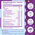 Nutritional supplement facts with ingredients, serving size, and health claims on a purple and white background.
