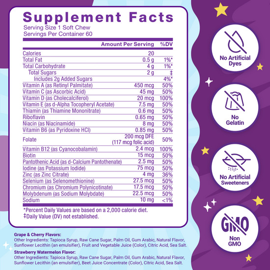 Nutritional supplement facts with ingredients, serving size, and health claims on a purple and white background.