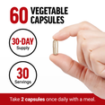 Hand holding vegetable capsule beside text noting 60 capsules, 30 servings, two daily with a meal.