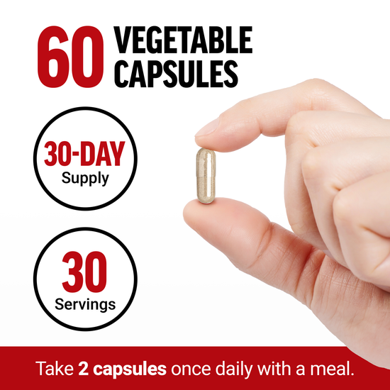 Hand holding vegetable capsule beside text noting 60 capsules, 30 servings, two daily with a meal.