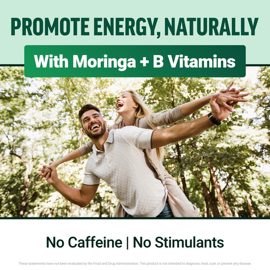 Couple playing outdoors with text showing moringa and B vitamins promote natural energy with no caffeine or stimulants