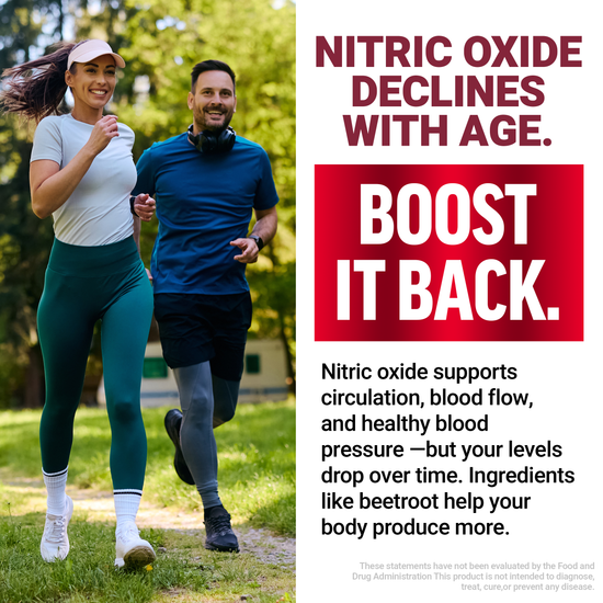 Man and woman jogging next to text about nitric oxide decline and benefits of boosting it with beetroot.
