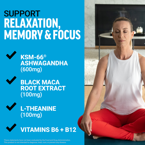 Woman meditating next to product ingredients for relaxation, memory, and focus including Ashwagandha and B vitamins.
