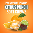 Citrus Punch Force Factor soft chews with orange, lime, and wrapped chews on vibrant orange background.