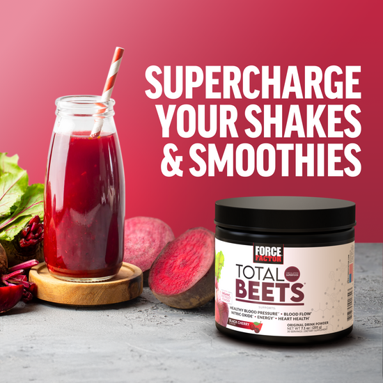 Total Beets tub and beet smoothie beside text promoting supercharging shakes and smoothies.