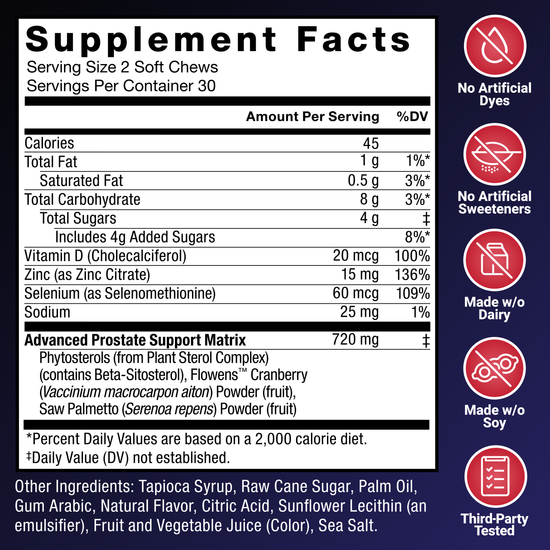 Supplement facts panel listing ingredients, serving size, and key nutrients in the prostate support soft chews