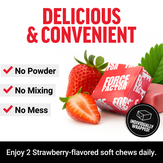 Strawberry NMN soft chews and berries with Delicious & Convenient text highlighting no powder, no mixing, no mess.
