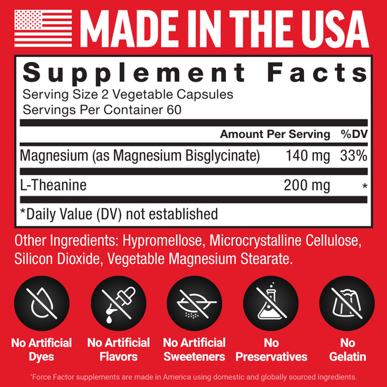 Supplement facts panel for Force Factor Magnesium Glycinate with dosage, ingredient breakdown, and no artificial additives listed.