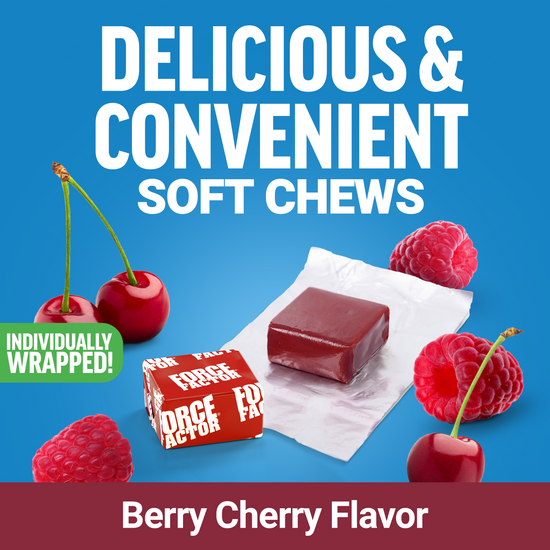 Individually wrapped berry cherry flavor soft chews with cherries and raspberries.