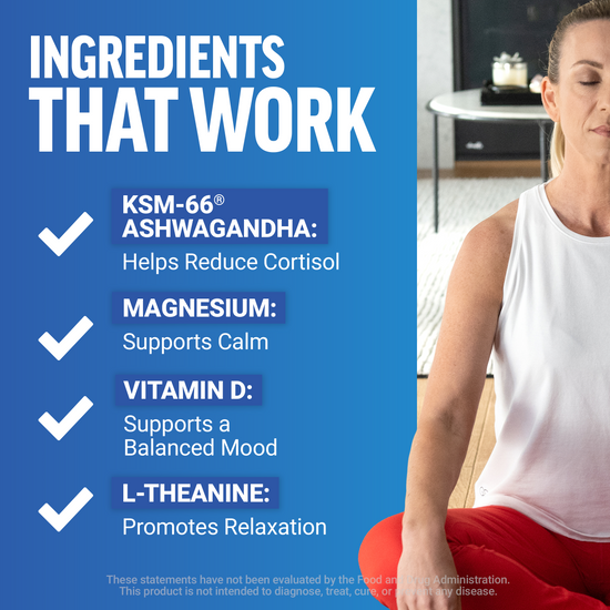 Woman meditating with list of functional ingredients including ashwagandha, magnesium, and L-theanine.