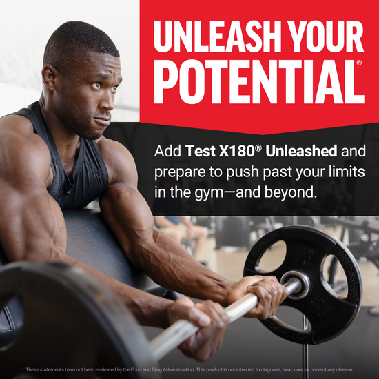 Focused man lifting barbell under Unleash Your Potential headline promoting Test X180 Unleashed.