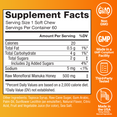 Supplement facts showing 500mg raw Manuka Honey per chew, with benefits and claims.