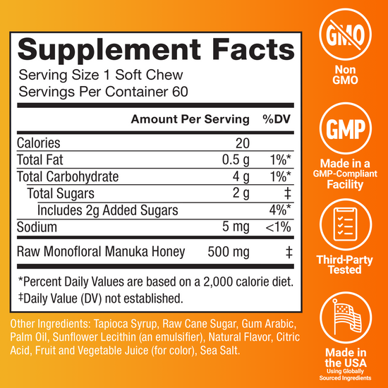 Supplement facts showing 500mg raw Manuka Honey per chew, with benefits and claims.