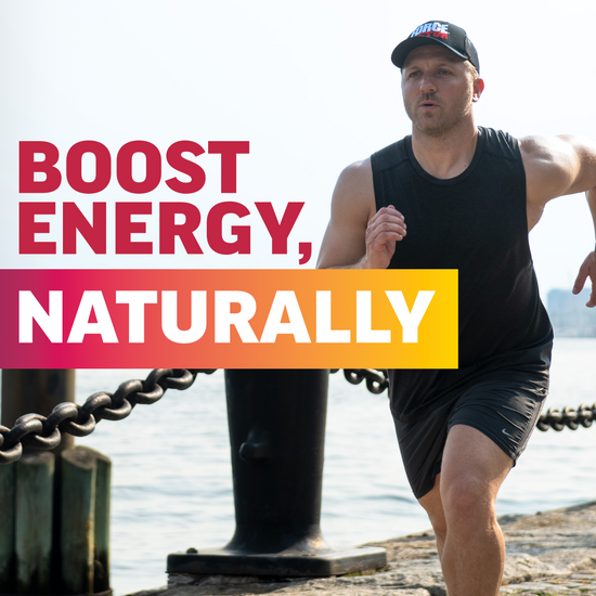 Man running outdoors beside bold text promoting a natural energy boost.