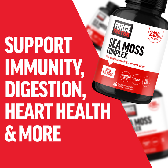 Force Factor Sea Moss Complex bottle with text support immunity, digestion, heart health, and more