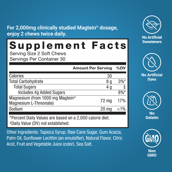 Supplement facts panel with Magtein dosage and ingredient list