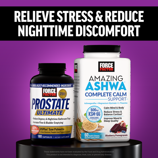 Prostate Ultimate and Amazing Ashwa bottles under headline relieve stress and reduce nighttime discomfort.
