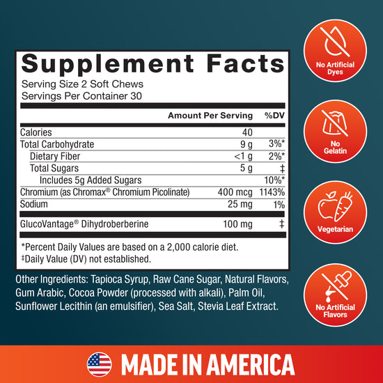 Supplement facts panel for berberine soft chews with no artificial dyes or flavors, no gelatin, vegetarian, made in America icons
