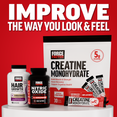 Force Factor supplement lineup featuring Hair Growth Accelerator, Nitric Oxide Booster, and Creatine Monohydrate on red background