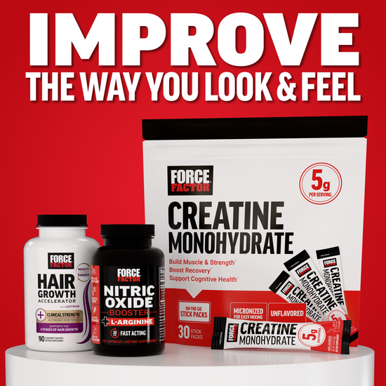 Force Factor supplement lineup featuring Hair Growth Accelerator, Nitric Oxide Booster, and Creatine Monohydrate on red background