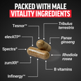 Capsule diagram labeling key male vitality ingredients like Tesnor, elevATP, Tribulus, and ginseng.