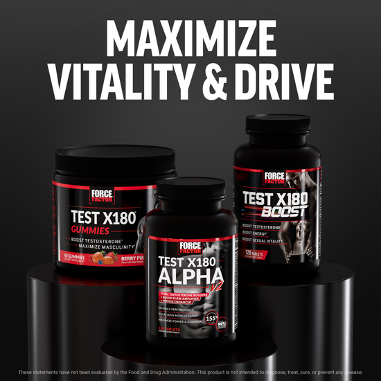 Force Factor Test X180 Gummies, Test X180 Alpha, and Test X180 Boost bottles with text maximize vitality and drive