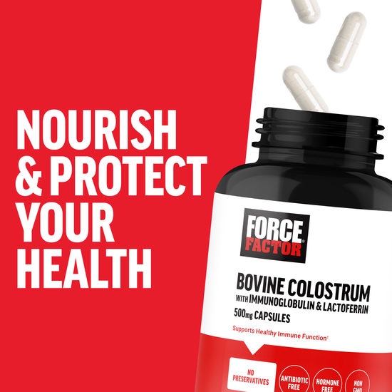 Bovine colostrum supplement bottle with capsules, promoting health and wellness on a red background.