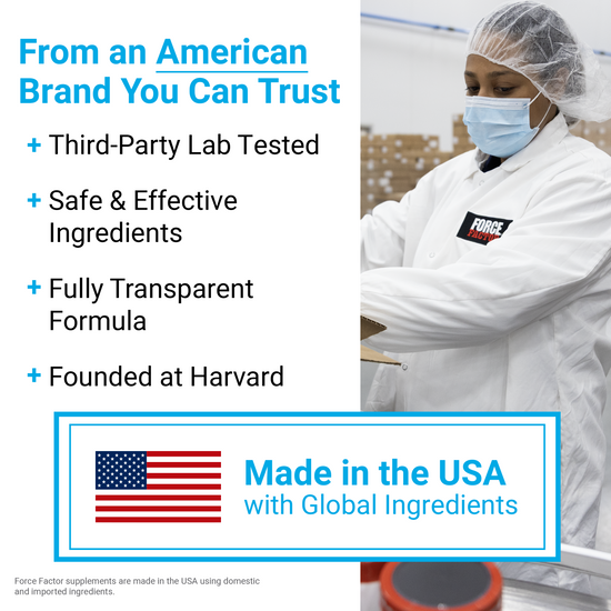 Force Factor lab technician in protective gear showcasing USA-made supplements with safe, tested, transparent ingredients.