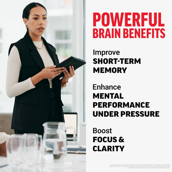 Woman presenting in an office with text highlighting brain benefits: memory, performance, focus, and clarity.