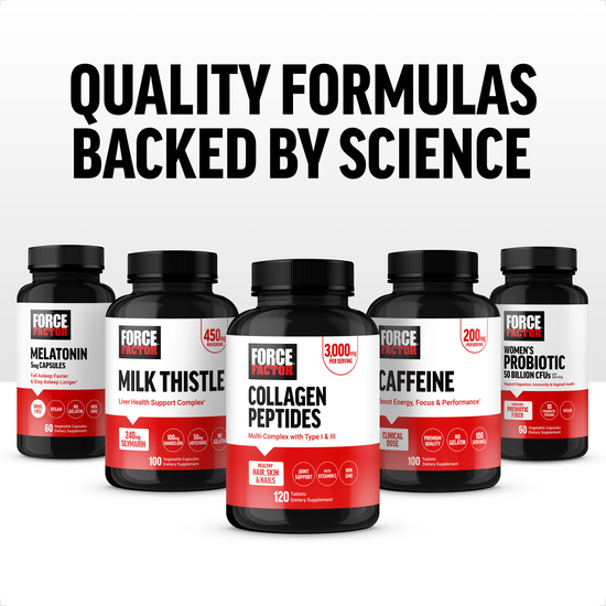 Force Factor Melatonin, Milk Thistle, Collagen Peptides, Caffeine, and Women's Probiotic bottles with text quality formulas backed by science