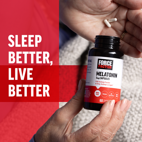 Melatonin bottle with capsules in hand; slogan: "Sleep better, live better."