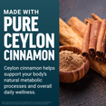 Wooden bowl and cinnamon sticks with text promoting Ceylon cinnamon for metabolic health and wellness.