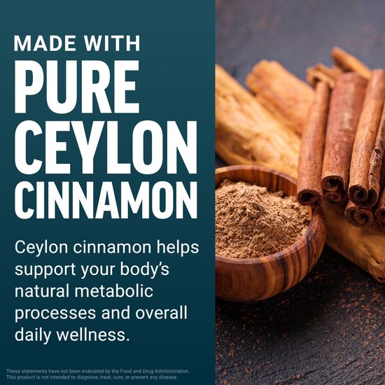 Wooden bowl and cinnamon sticks with text promoting Ceylon cinnamon for metabolic health and wellness.