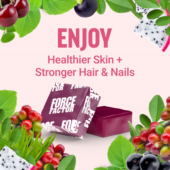 Healthier skin and stronger hair & nails with Force Factor supplements, surrounded by colorful fruits and green leaves.