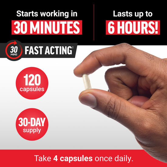 Fast-acting capsules start working in 30 minutes and last up to 6 hours.