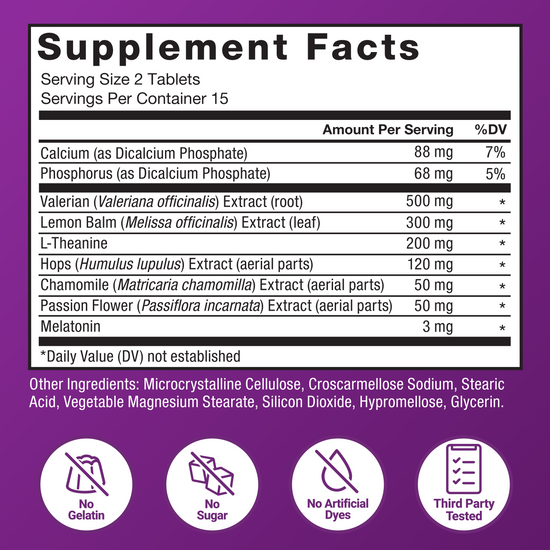 Somnapure sleep aid supplement facts panel with valerian, lemon balm, L-theanine, melatonin, and clean-label icons.