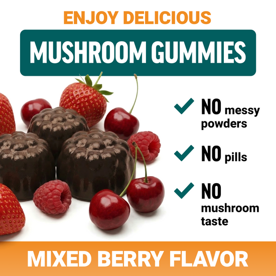 Dark mushroom gummies with mixed berries showing no powders, no pills, and no mushroom taste in mixed berry flavor