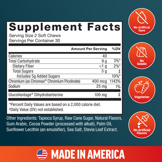 Supplement facts panel showing ingredients per 2 soft chews, with icons for vegetarian, no dyes, no gelatin, and no artificial flavors.