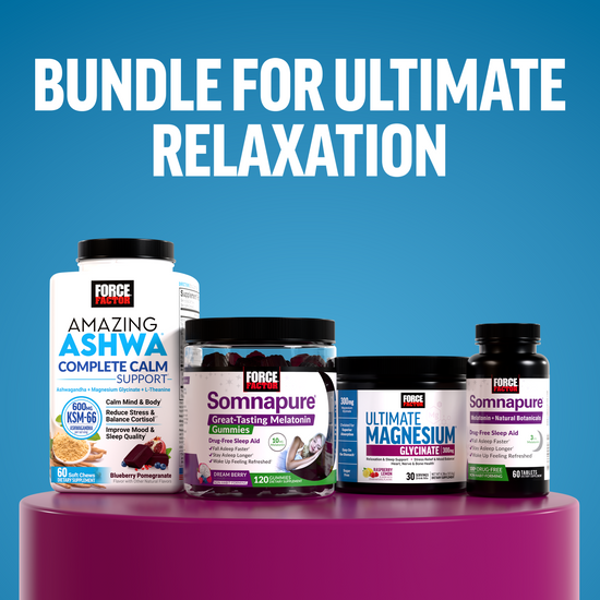 Bundle of Force Factor relaxation products including Amazing Ashwa, Somnapure, and Ultimate Magnesium on purple surface.