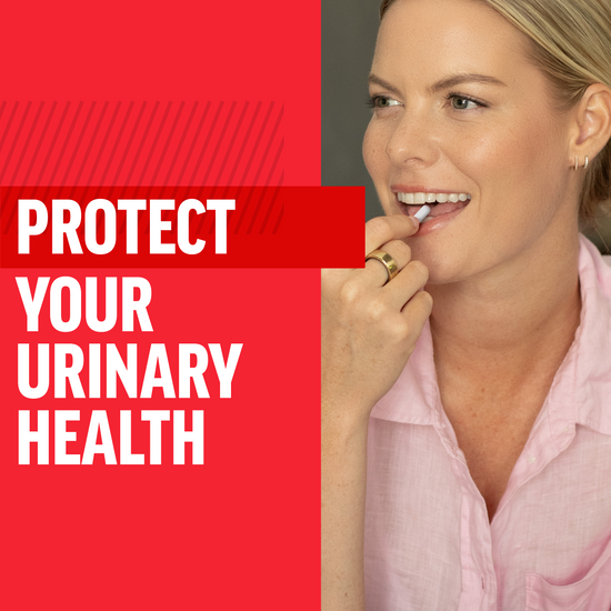 Woman taking capsule with text protect your urinary health