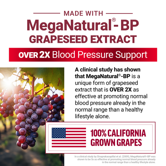 Grapes on the vine and text highlighting MegaNatural®-BP grapeseed extract for over 2x blood pressure support.