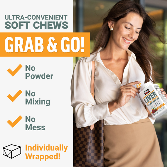 Smiling woman holding Force Factor Liver Detox+Cleanse soft chews, promoting no powder, no mixing, and individually wrapped convenience.